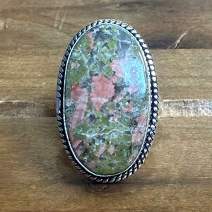 Vintage Style Unakite Jasper Quartz Gemstone Ring Size 7 Silver 925 Plated Boho